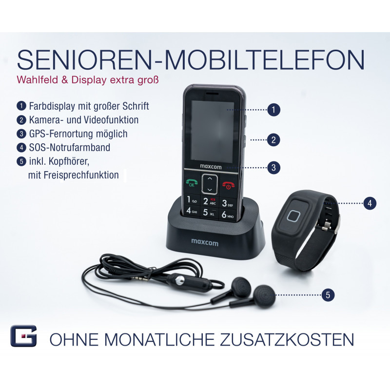SENIORENHANDY GPS (Firmware 2021!)Powered by Emergency Video G-TELWARE® Mobile phone, with FUNKARMBAND, GERMANY